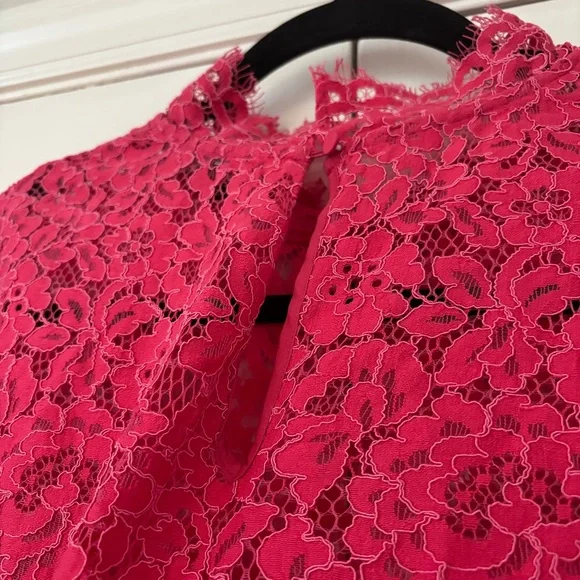 J. Crew Scalloped Lace Mockneck Top Vibrant Pink Lace Blouse Size 14 Sheer Glam - Picture 10 of 12